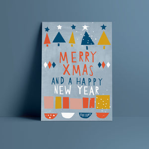 Postkarte // Merry Xmas and a happy New Year blau