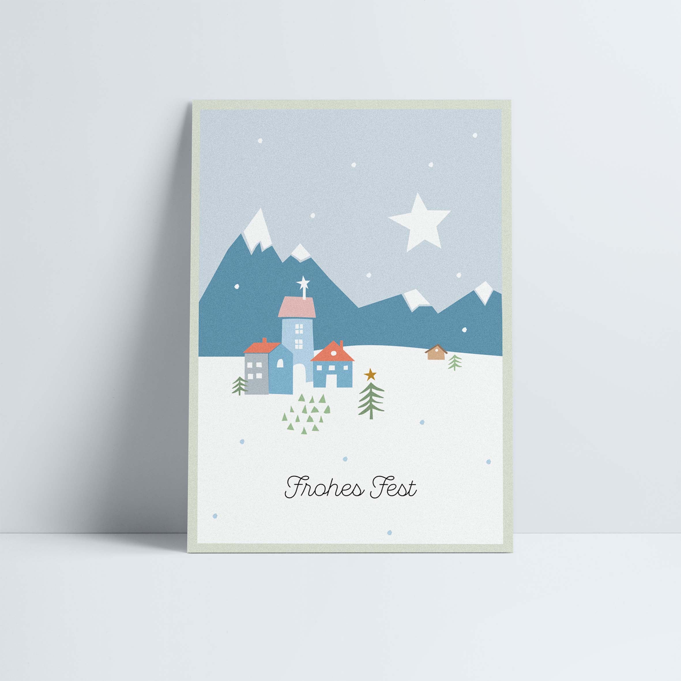 Postkarte // »Frohes Fest« Winterdorf am Abend