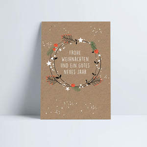 Postkarte // »Frohe Weihnachten und ein gutes Neues Jahr« Kranz bunt
